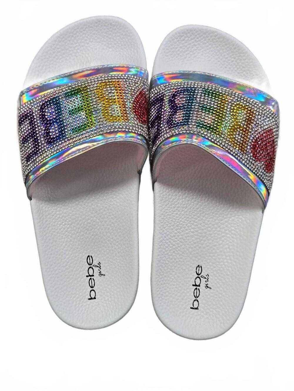 bebe Girls White Slide Sandals with Multicolor Rhinestone Logo - Picture 5 of 7